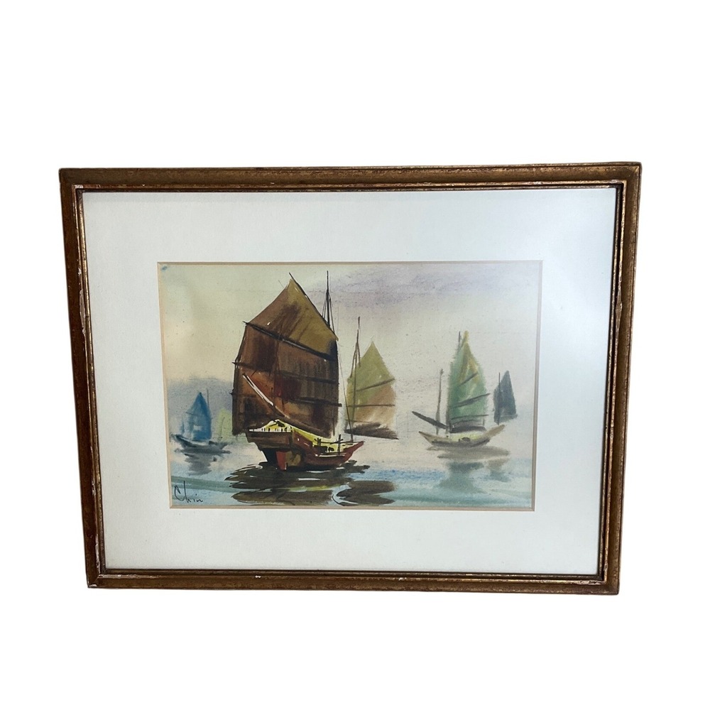 Vtg Original Chin Watercolor Kato Tokoyo Framed‎ Mid-Century Chinese Junk Boat